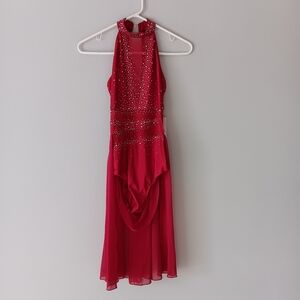 iEFiEL Halter Sleeveless Leotard Sheer Skirt Dance Costume Sequins Red Small